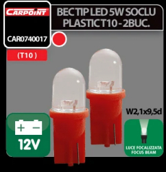 Bec tip LED 12V 5W soclu plastic T10 W2 1X9 5d 2buc Carpoint - Rosu focalizat 