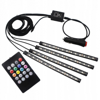 Set 4 benzi cu 12 LED-uri pentru iluminarea interiorului de masina Zola® cu telecomanda 8 culori de lumina 