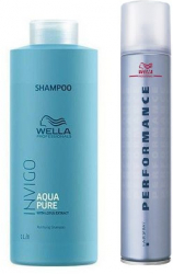 Set Wella Invigo Aqua Pure Sampon 1000ml + Fixativ Fixare puternica 500ml 