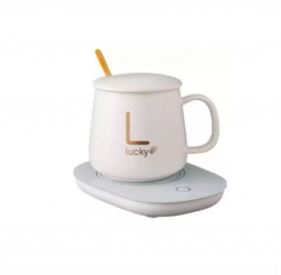 Set cana ceramica cu incalzire USB scris auriu Lucky 350 ml alba 