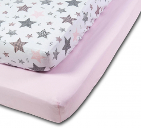 Set 2 cearceafuri din bumbac cu elastic roata pentru patut 140x70 cm Kidizi Pink Stars 