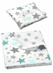 Set paturica dubla din bumbac si flanel 100x75 si perna bebelusi contra plagiocefaliei Kidizi All Mint Stars 