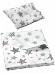 Set paturica dubla din bumbac si flanel 100x75 si perna bebelusi contra plagiocefaliei Kidizi Pink Stars 