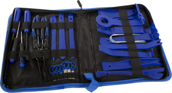 Set profesional cu 37 de instrumente extractoare Zola® pentru demontarea tapiteriei auto radio si cleme din plastic albastru 