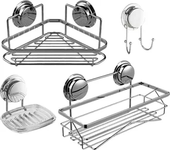 Set accesorii baie House of Roger 4 piese inox etajera + etajera de colt + suport sapun + carlig dublu cu ventuze HeavyLock 