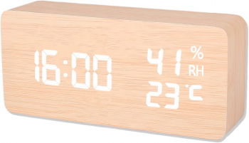 Ceas din lemn Zola® dreptunghiular crem cu afisaj alb indicator de temperatura 