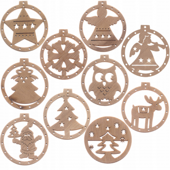 Set 10 decoratiuni din lemn Zola® pentru bradul de Craciun diverse modele 6.4 x 6.9 cm 
