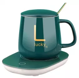 Set cana ceramica cu incalzire scris auriu Lucky 350 ml verde 