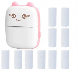 Set Mini imprimanta termica si 10 role hartie 57x25mm Bluetooth compatibil iOS/Android imprimare APP 1200 mAh Roz 
