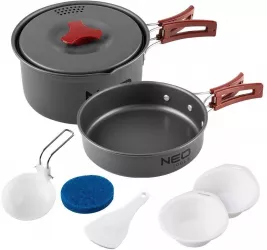 Oala si tigaie turistica camping aluminiu cu accesorii set 8 piese NEO  