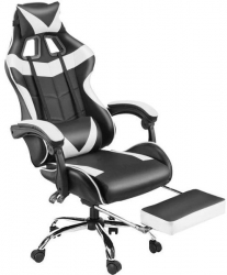 Scaun Gaming Ergonomic din piele ecologica Spate inalt Suport lombar Suport pentru picioare si tetiera rectractabila Alb/Ne