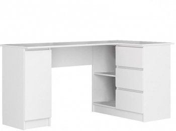 Birou calculator pe colt placa laminata 3 sertare 4 rafturi alb 155x85x77 cm 