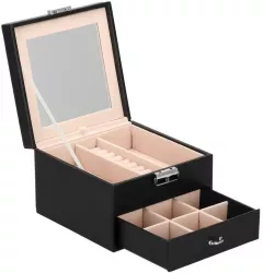 Cutie pentru bijuterii catifea si piele ecologica negru si roz cu oglinda 16x16x11 cm Springos