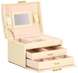Cutie pentru bijuterii MDF piele ecologica si catifea crem si roz cu oglinda 17.5x14x12.5 cm Springos 