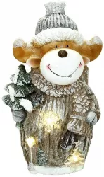 Decoratiune Craciun ceramica ren cu brad LED gri si alb 3xAAA 24.5x18x41.5 cm Chomik 
