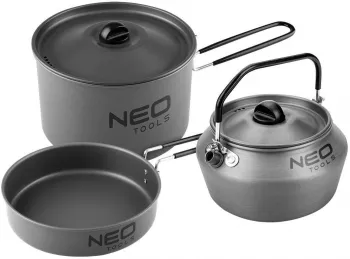 Oala tigaie si ibric/ceainic turistic camping aluminiu set 3 piese NEO 