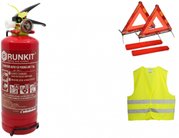 Kit siguranta rutiera Stingator auto reincarcabil P1 cu pulbere ABC 1kg + 1 Vesta reflectorizanta+ 2 Triunghi reflectorizant 