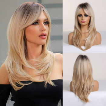 Peruca medie Ombre Blond Cenusiu Animis Beauty ® fibra sintetica cu aspect natural par mediu drept cu breton 40 cm 