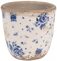 Set 2 ghivece flori ceramica bej albastra Flower 11x10 cm 
