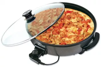 Tigaie electrica rotunda ZILAN ZLN-7870 pizza grill diametru 38 cm 1500 W capac sticla material non stick 