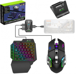 Set Kit gaming cu tastatura iluminata gaming 39 taste one hand si mouse GlowforHome Iluminare Rainbow video game combo suport telefon a 