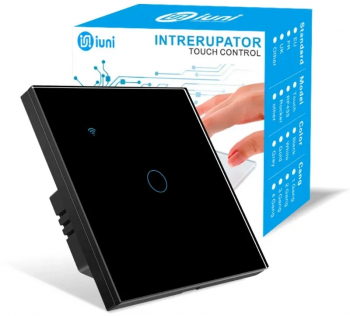 Intrerupator smart touch WiFi Sticla securizata iUni 1G 10A Control vocal Smart Life / Tuya LED Black 