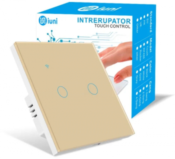Intrerupator smart touch WiFi Sticla securizata iUni 2G 10A Control vocal Smart Life / Tuya LED Gold 