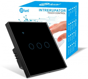 Intrerupator smart touch WiFi Sticla securizata iUni 3G 10A Control vocal Smart Life / Tuya LED Black 