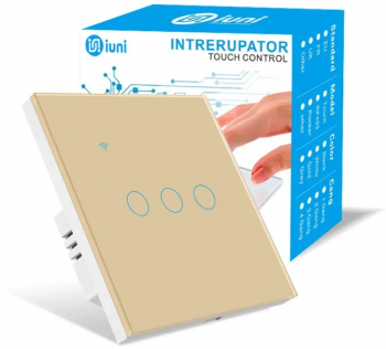 Intrerupator smart touch WiFi Sticla securizata iUni 3G 10A Control vocal Smart Life / Tuya LED Gold 