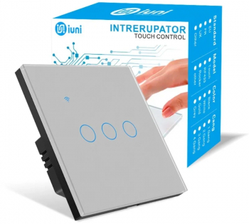Intrerupator smart touch WiFi Sticla securizata iUni 3G 10A Control vocal Smart Life / Tuya LED Silver 