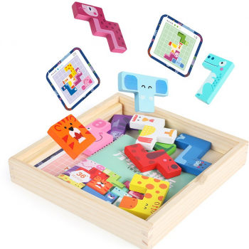 Joc interactiv 3 in 1 pentru copii Zola® tetris din lemn cu diverite cartonase tabla magnetica cu creta si cu marker 19x19x3.2 cm 