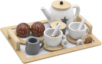 Set de ceai din lemn pentru copii Zola® Montessori joc de rol accesorii incluse crem cu maro 
