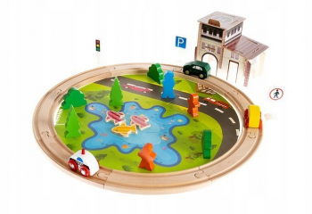Set masinute cu sine din lemn Zola® cu decor oras 40 piese 2 in 1 45x13 cm 
