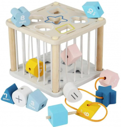 Cub interactiv bebe Zola® din lemn si cauciuc senzorial educativ cuburi culorate cifre si forme geometrice 14.3 x 14.3 x 11.5 cm