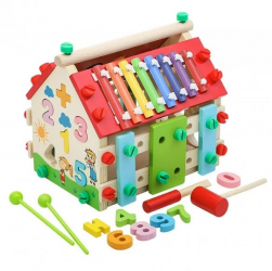 Jucarie interactiva de copii Zola® din lemn si plastic multifunctionala casuta colorata 22 x 19 x 24 cm 