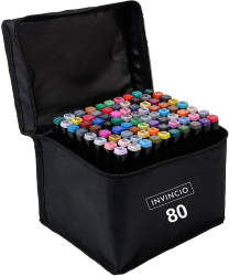 Set 80 culori markere duble INVINCIO carioci profesionale culori vii pe baza de alcool 2 varfuri rezistente 1 varf subtire rotund pentru 