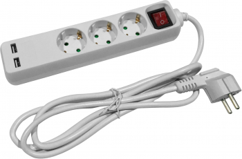 Prelungitor Entac S1 cu intrerupator 3 prize 2x USB-A IP20 H05VV-F3G1.5mm cordon 3m Alb 