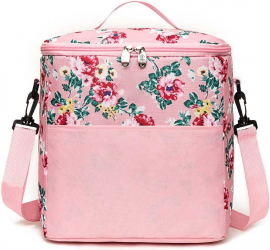 Geanta termica pentru picnic Zola® inchidere fermoar capacitate 11 L 26x14x28 cm roz cu flori 