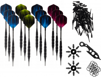 Set 12 sageti de dart Zola® 100 varfuri moi 2 aparatoare de zbor 20 de inele si 1 instrument multiplu plastic metal cauciuc 
