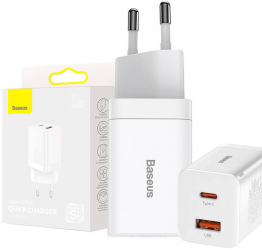 Baseus Charger USB + USB-C 30W white - Fast Charging Compact 