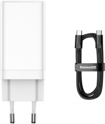 Baseus Wall Profesional Charger Gan3 Pro Pd 65w 2x Usb-c 1x Usb White + Usb-c - Usb-c Cable 