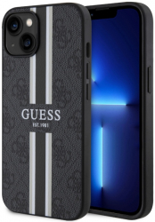 Husa Guess pentru iPhone 14 neagra cu dungi imprimate. 