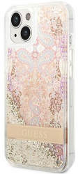 Husa Guess pentru iPhone 14 Plus cu design floral si glitter 