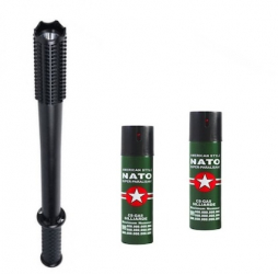 Baston cu electrosoc si lanterna MDM 3 faze iluminare 10.000 KV Set 2 Spray Nato 60 ml 
