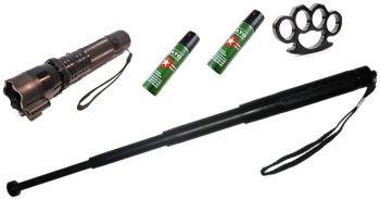 Kit De Autoaparare Klausstech7SS Lanterna Cu Electrosoc Si Laser Pointer Din Duraluminiu Baston Telescopic Din Otel Box Metalic Tip Rozet 