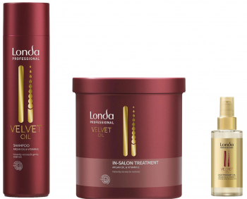 Pachet Promo Londa Professional Velvet Oil Sampon Cu Ulei de Argan si Vitamina E 250ml Tratament 750ml Ulei cu Formula Usoara 30ml 