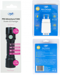 Pachet lanterna dubla PNI Adventure F200 din aluminiu cu LED acumulator 4000mAh 3 LED-uri cu deschidere mare si unul cu focus si 