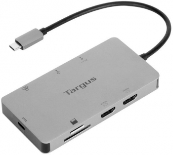 Targus dock usb-c dual hdmi 4k 100w powerdelivery pass-thru 2x usb-a 1x port fast charge 1x sd/microsd ethernet gri 