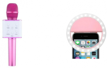 Microfon Klausstech Karaoke Wireless Cu Bluetooth Boxa Inclusa Roz Aprins + Selfie Ring Light Roz 