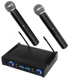 Set 2 Microfoane Profesionale Wireless 100 M Cu Receiver Carcasa Metalica Ecran Lcd Si Servieta Plastic Masiv.
